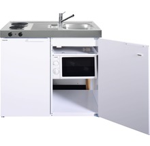 Miniküche mit Kochfeld, Spüle, Mikrowelle und Kühlschrank