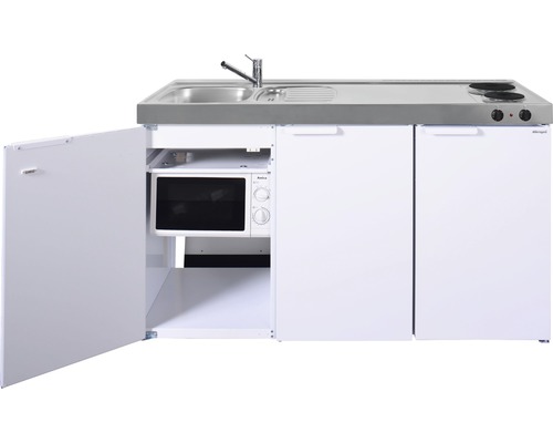 Kompakte Miniküche mit Spüle, Kochfeld, Kühlschrank und Mikrowelle.