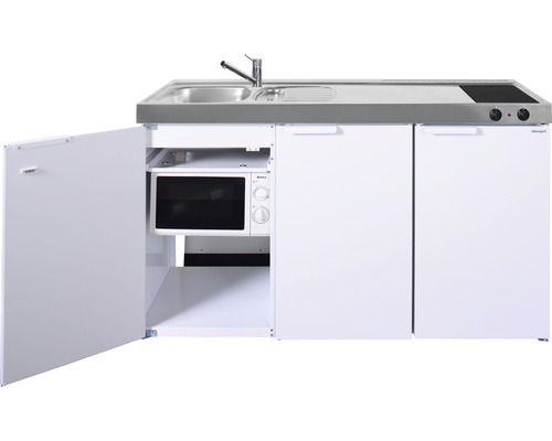 Kompakte Küchenzeile mit Spüle, Kochfeld, Mikrowelle und Kühlschrank.