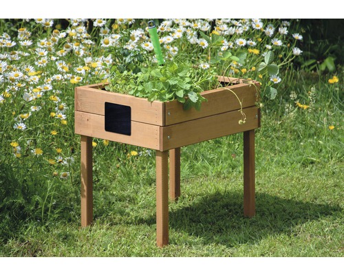 Hochbeet aus Holz mit Pflanzen im Garten