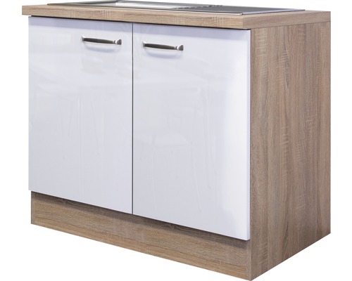 Meuble sous-évier avec évier Flex Well Valero 100 x 60 x 86 cm façade blanc à haute brillance corps chêne sonoma butée gauche droite