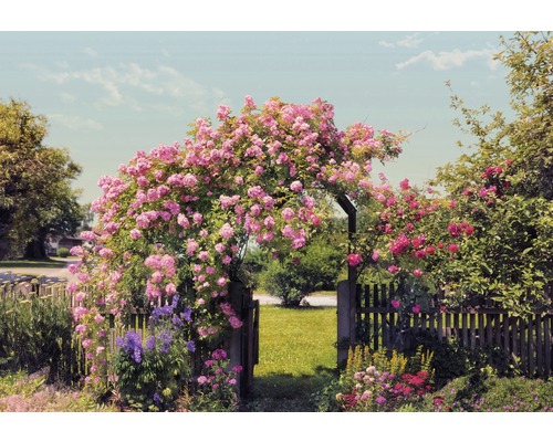 Papier peint panoramique 8-936 Rose Garden 8 pces 368 x 254 cm Portail en bois avec arche de roses dans le jardin