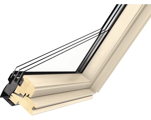 Querschnitt eines Dachfensters mit Holzrahmen und Mehrfachverglasung