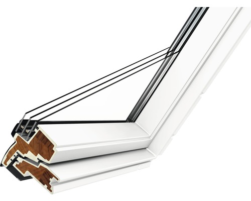 Schnittansicht eines Dachfensters mit Holzrahmen und Glas