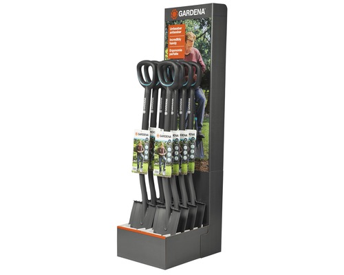Présentoir de vente avec plusieurs bêches Gardena