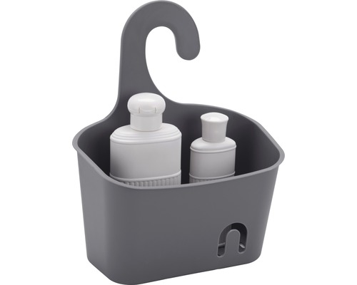 Grauer Duschkorb mit zwei Shampooflaschen