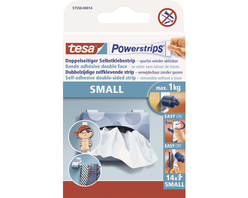 Bandes autocollantes double face tesa Powerstrips Small 14x34 mm max. 2 kg 14 pièces Tesa Powerstrips Small, bande adhésive double face, se retire sans laisser de traces, capacité de charge maximale un kilogramme, 14 pièces