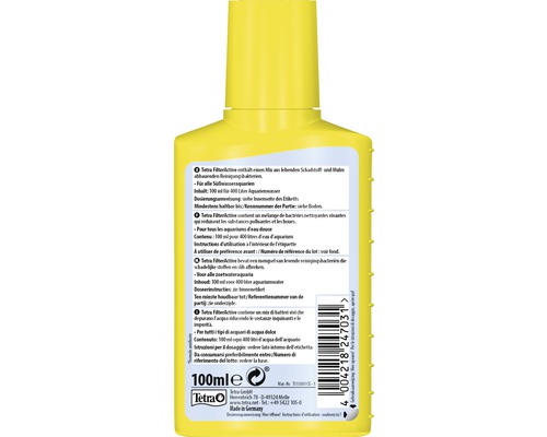 Solution bactérienne Tetra Filter Active en bouteille jaune, 100 ml