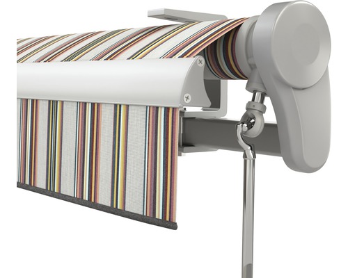 Store de terrasse avec tissu rayé et manivelle