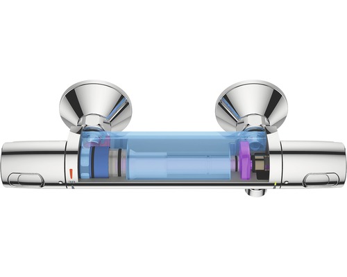 Mitigeur thermostatique de douche en coupe pour montrer l''intérieur.