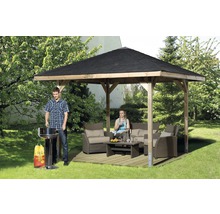 Holzpavillon mit Grill und Sitzgruppe im Garten