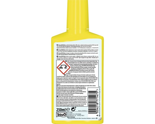 Tetra pH Minus pour diminuer la dureté carbonatée dans les aquariums d''eau douce en bouteille jaune avec un symbole de danger.