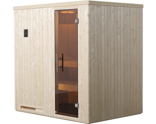 Sauna aus Holz mit Glastür und Steuerungselement