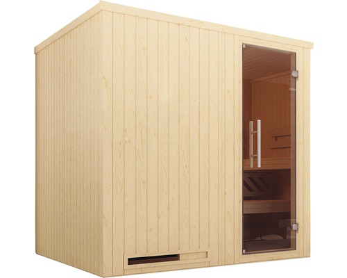 Sauna aus Holz mit Glastür