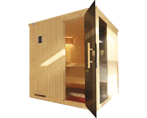 Sauna en bois avec porte en verre et aménagement intérieur