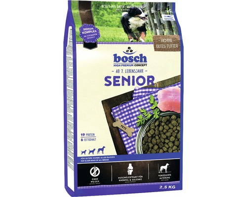 Croquettes pour chien bosch Senior 2,5 kg Emballage d''aliments pour chiens Bosch Senior pour chiens âgés de plus de sept ans