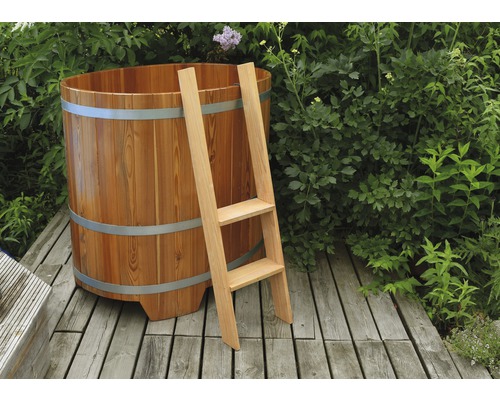 Baignoire en bois avec échelle dans le jardin Baignoire en bois avec échelle dans le jardin