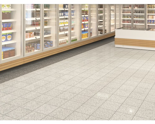 Bodenfliesen in einem Lebensmittelgeschäft mit Kühlregalen.