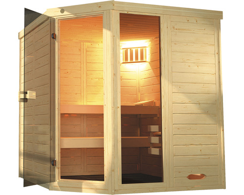 Sauna mit Glastür und Inneneinrichtung aus Holz