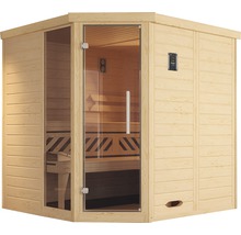 Sauna d''angle avec porte en verre et revêtement en bois