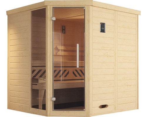 Sauna d''angle avec porte en verre et revêtement en bois