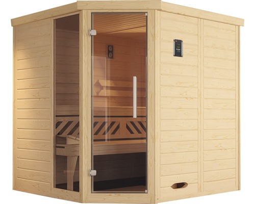 Sauna d''angle en bois avec porte en verre et panneau de commande numérique