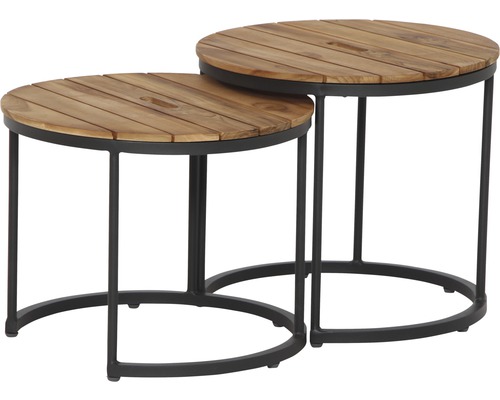 Deux tables d''appoint rondes en bois et métal