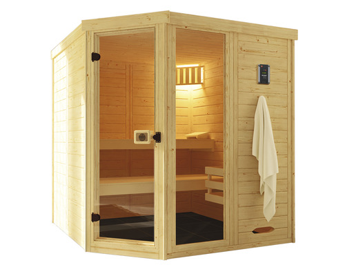Sauna en bois avec porte en verre et panneau de commande