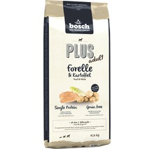 Logo Bosch. Nourriture sèche pour chiens à la truite et aux pommes de terre, convient dès la première année, 12,5 kilogrammes.