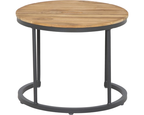 Table de jardin ronde avec plateau en bois et structure en métal