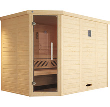 Massivholzsauna Weka Kemi Eck GT Gr.2 inkl. 7,5 kW Bio Ofen u.digitaler Steuerung mit graphitfarbeneer Ganzglastüre