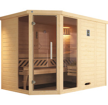 Massivholzsauna Weka Kemi Eck GTF Gr.2 inkl. 7,5 kW Ofen u.digitaler Steuerung mit Fenster und graphitfarbeneer Ganzglastüre
