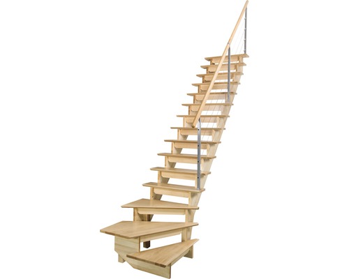 Holztreppe mit Geländer und Stahlseilen
