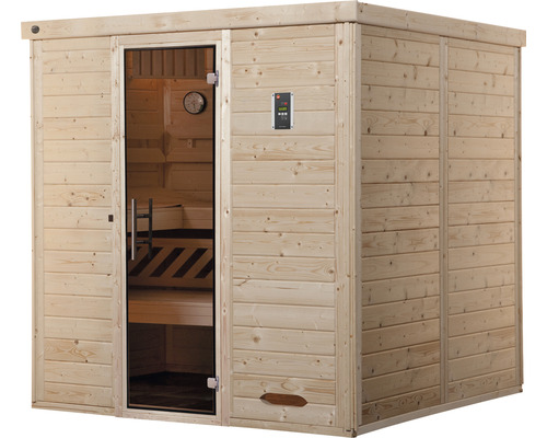 Sauna en bois avec porte en verre et régulateur de température