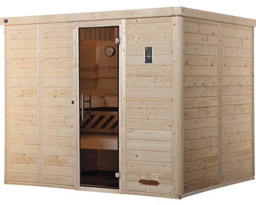 Sauna extérieure en bois avec porte en verre et éléments de commande