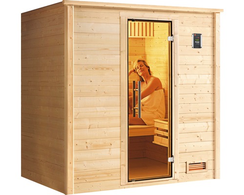 Sauna en bois avec porte en verre et commande électronique