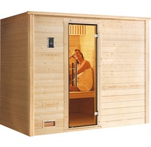 Sauna en bois avec porte en verre et élément de commande