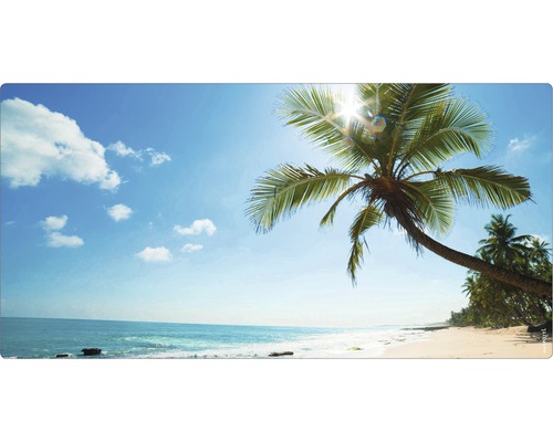 Panneau mural salle de bains mySPOTTI aqua Beach 90x45 cm Plage avec palmiers et ciel bleu