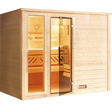 Massivholzsauna Weka Bergen GTF Gr.3 inkl. 7,5 kW Bio Ofen u.digitaler Steuerung mit Fenster und graphitfarbeneer Ganzglastüre
