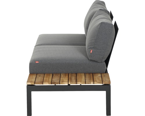 Canapé de jardin avec base en bois et coussins gris