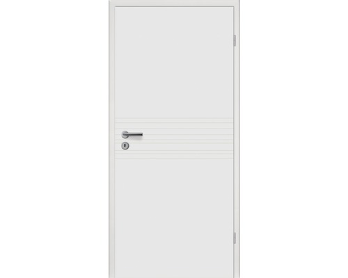 Weiße Innentür mit horizontalen Zierlinien, Türgriff und Schloss