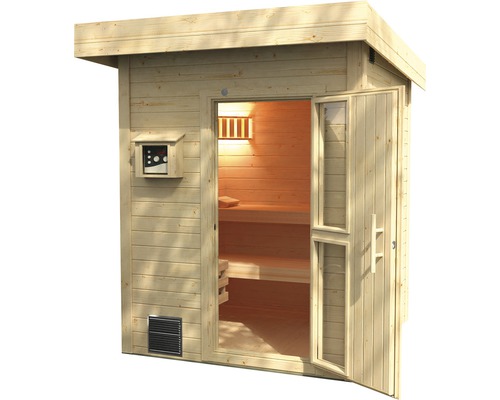 Sauna en bois avec porte ouverte, commande et ventilation