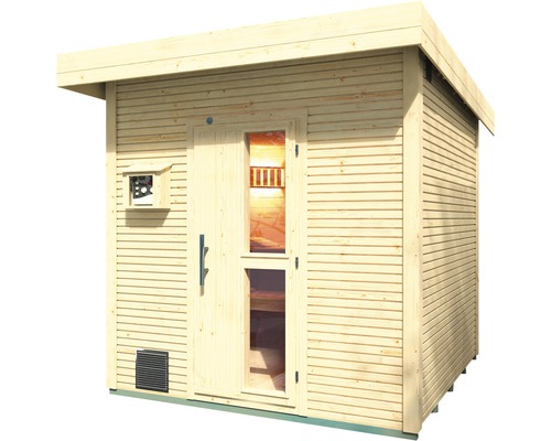 Sauna en bois avec fenêtre et porte en verre