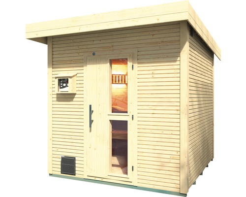 Sauna extérieure en bois avec fenêtre et porte en verre