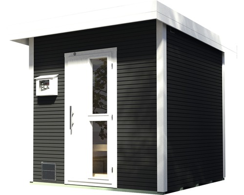 Sauna avec murs en bois, porte et petite fenêtre