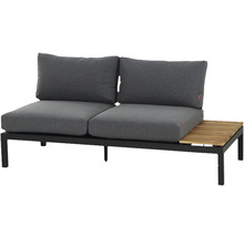 Canapé de jardin avec deux sièges, coussins gris et table en bois