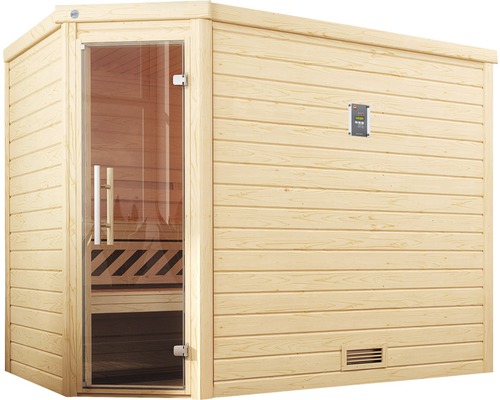 Sauna en bois avec porte en verre et panneau de commande