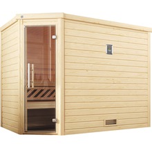 Massivholzsauna Weka Turku Eck GT Gr.3 inkl. 7,5 kW Bio Ofen u.digitaler Steuerung mit graphitfarbeneer Ganzglastüre