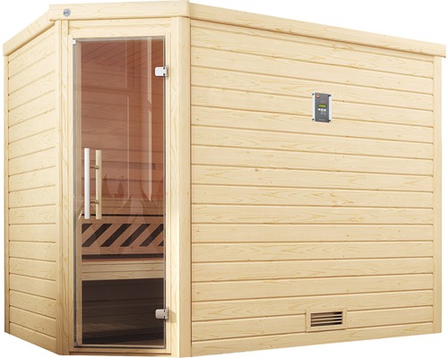 Sauna en bois avec porte en verre et élément de commande