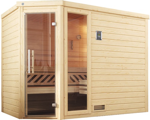 Sauna en bois avec porte en verre et commande numérique